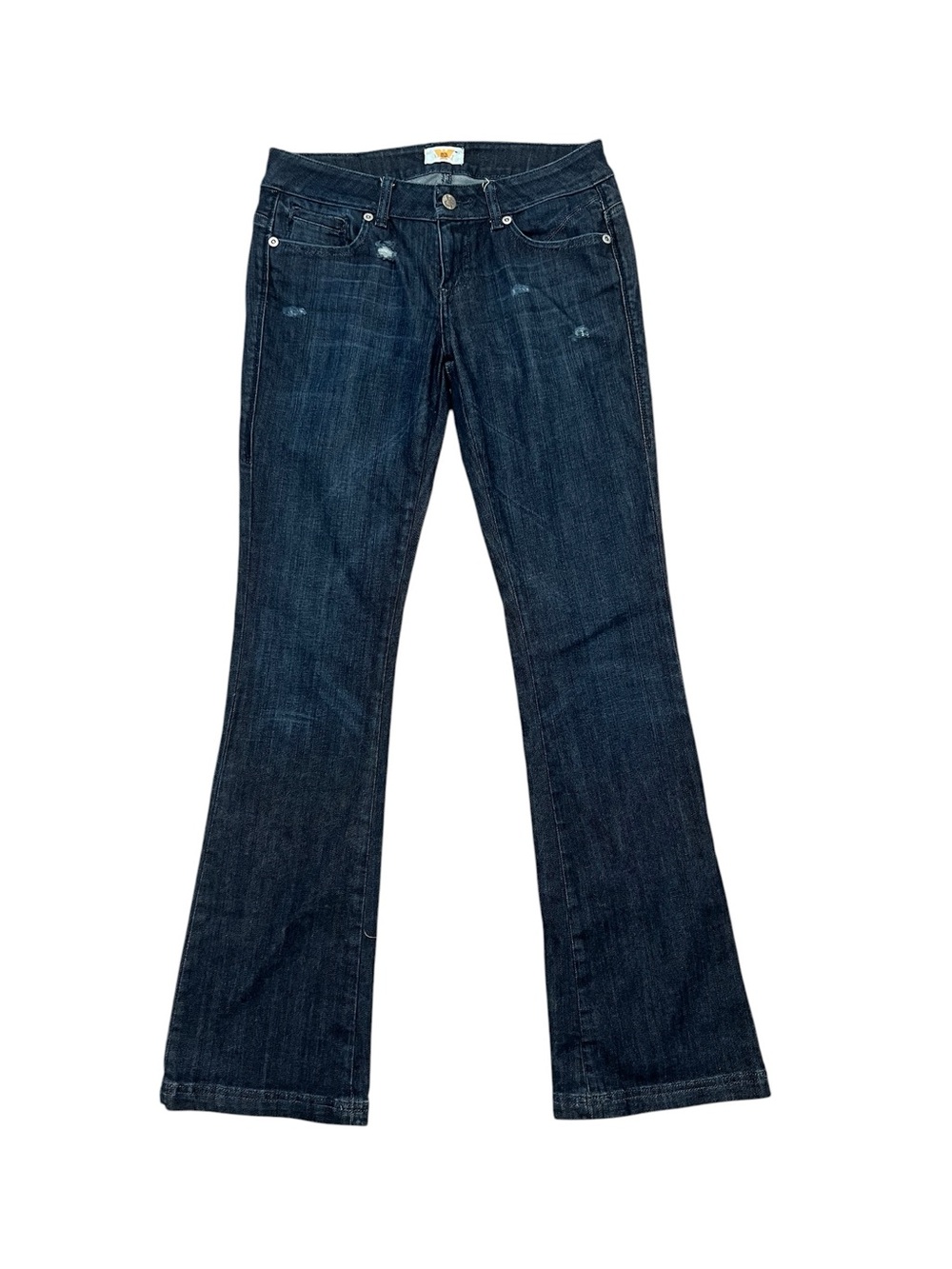 ANTIK DENIM Y2K dark wash flare leg jeans cotton low rise 33” inseam size 28 EUC